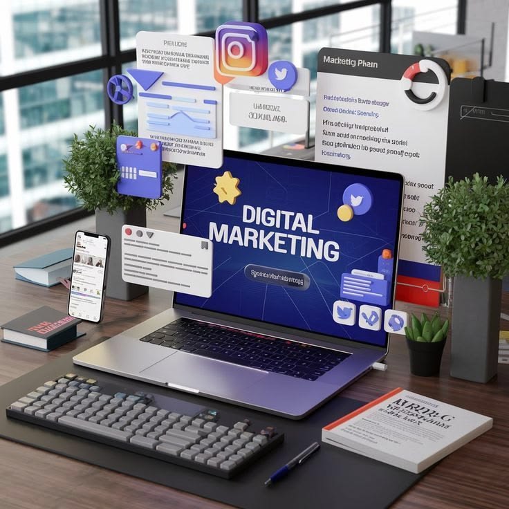Digital marketing planning workspace with campaign analytics
